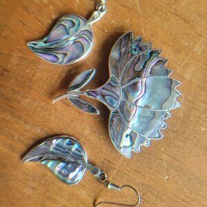 Taxco Sterling Silver Abalone Flower Brooch Pendant Matching Earrings FREE SHIP